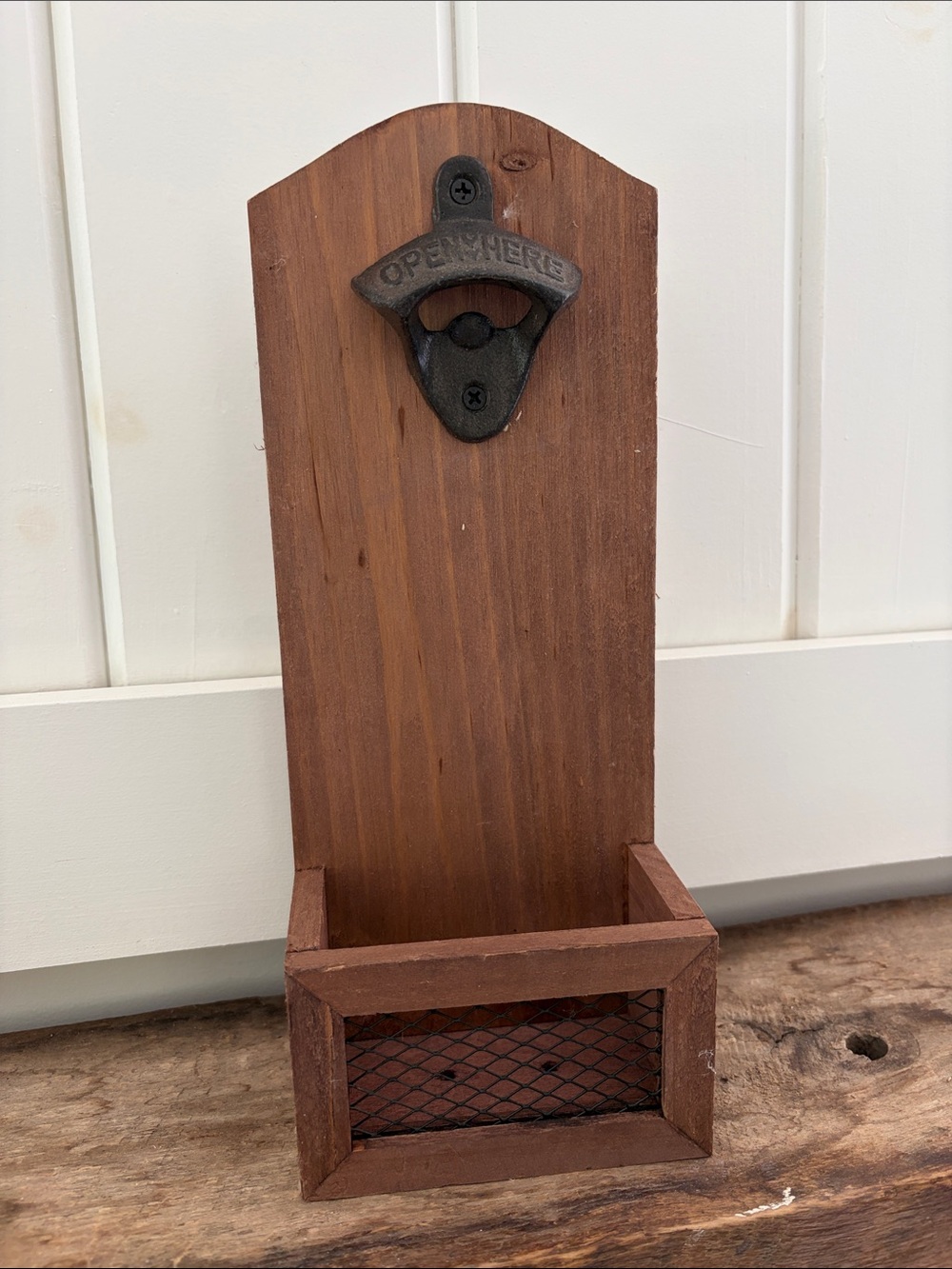 Rustic Brown Wall-Mount Bottle Opener with Catch Tray
